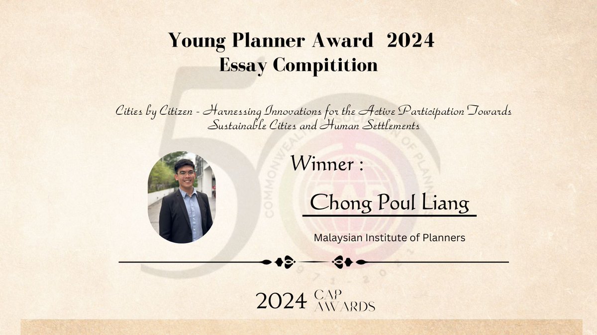 Congratulation to the Winner of Young Planner Award 2024- Essay Competition.
#essaycompetition #capyoungplannersnetwork #commomwealthassociationofplanners