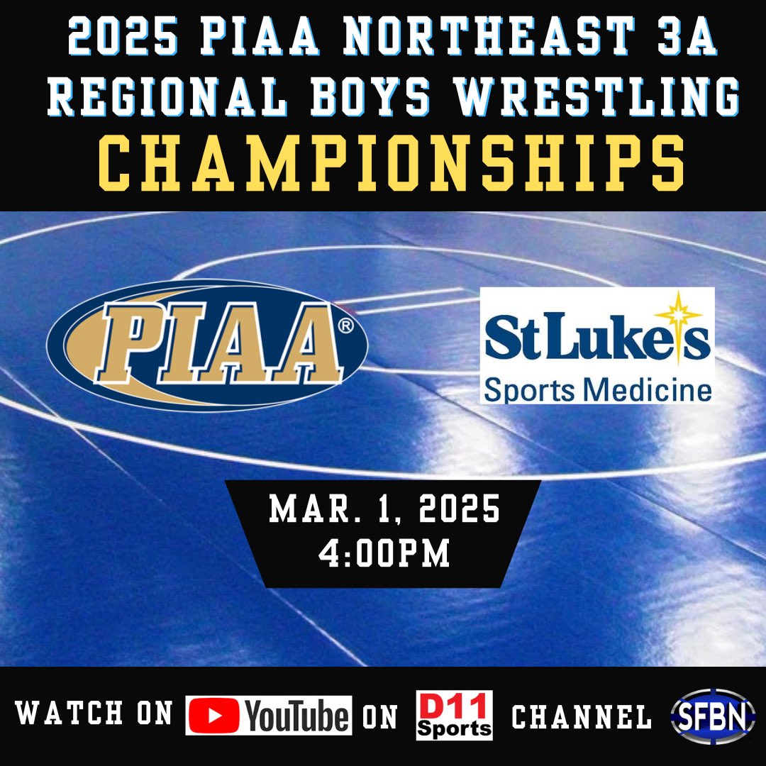 WRESTLING- FRONT AND CENTER:

Super Saturday as we bring you the PIAA 3A Boys Northeast Regional Tournament - as part of our D11Sports.com Match of the Week Presented by <a href="/SLUHNSportsMed/">St. Luke's Sports Medicine</a>. 

WATCH LIVE:

Semis- 11am: youtube.com/live/UE8J4SH1v…

Finals- 4pm: