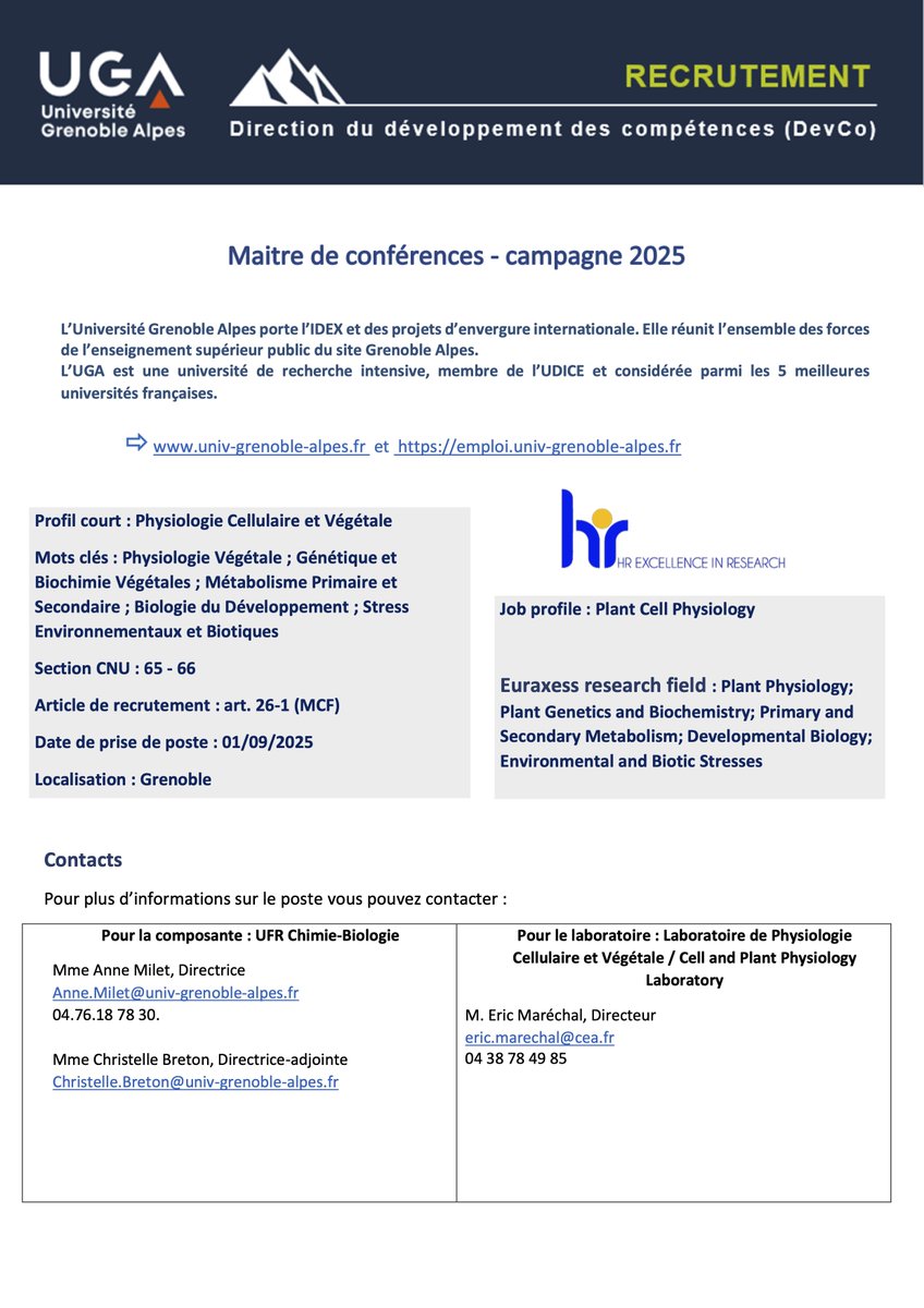 Poste de MCU en Biologie Végétale à l’Université Grenoble Alpes (UGA), pour Septembre 2025 !
UFR Chimie Biologie - Laboratoire de Physiologie Cellulaire et végétale.
Postuler en ligne sur …xie.enseignementsup-recherche.gouv.fr/ensup/cand_rec…