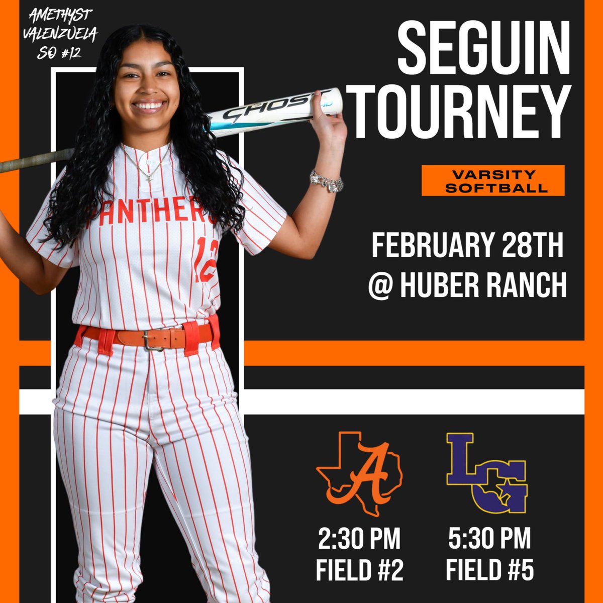 Varsity Seguin Tourney • Day 2

📆Feb. 28th
📍Huber Ranch • Fields 2 &amp; 5
⏰ 2:30PM // 5:30PM
🆚 Alice // La Grange 

Let’s get it 💪