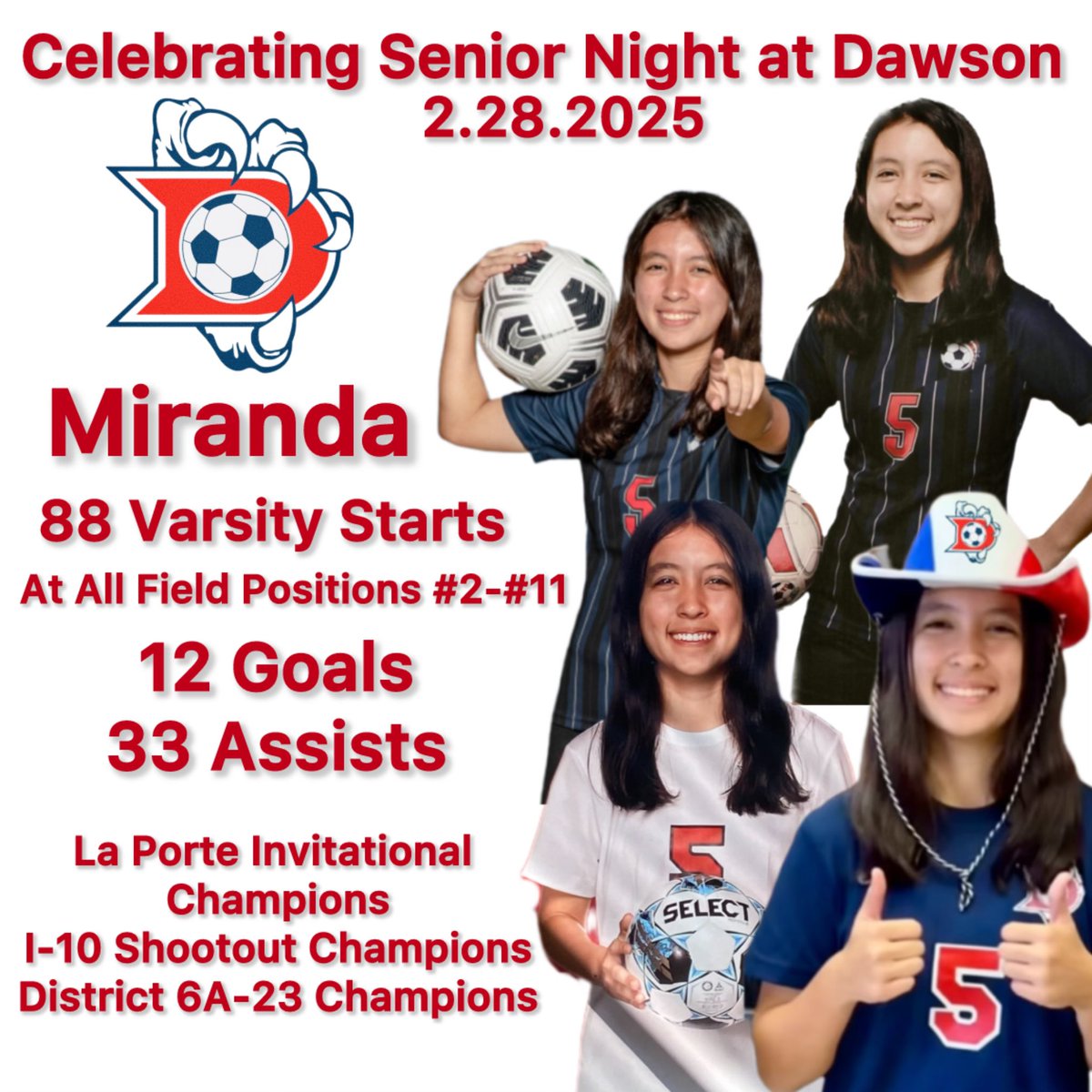 MirandaDevivar5's tweet photo. It’s Senior recognition night at Dawson High School.  The Lady Eagles are in first place and undefeated in the district and will host South Houston at 7:30 pm tonight. https://t.co/oNnjWqskmp