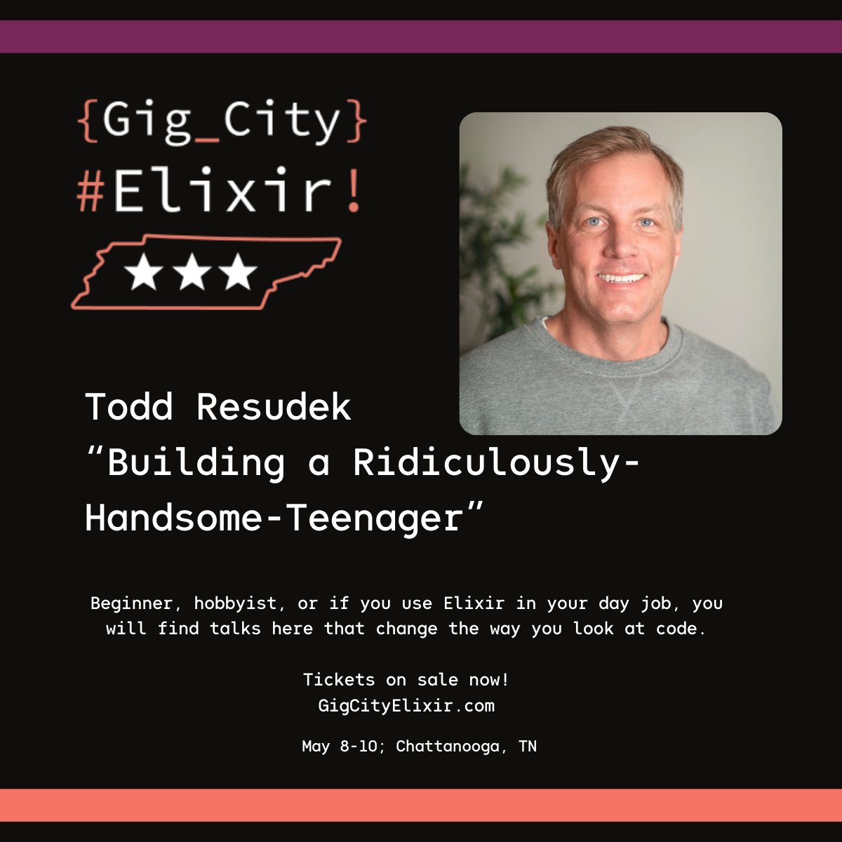 Gig City Elixir (@gigcityelixir) on Twitter photo Looking forward to having <a href="/sprsmpl/">todd resudek ☠️</a> with us again at GCE this year!
Come join us!
Get your tickets: champ.ly/HJOVb2_a
#ElixirLang Looking forward to having <a href="/sprsmpl/">todd resudek ☠️</a> with us again at GCE this year!
Come join us!
Get your tickets: champ.ly/HJOVb2_a
#ElixirLang