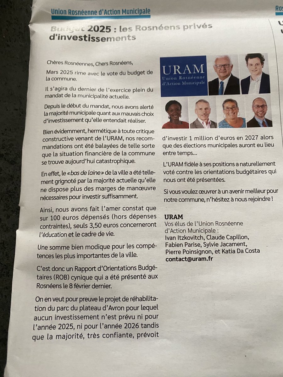Budget 2025 de #rosnysousbois, année blanche en terme d’investissement, mis à part le réfection totale de l’état civil pour la somme de 1,3M€. Où sont les priorités de la majorité ? ⁦<a href="/RosnyOfficiel/">RosnyOfficiel</a>⁩