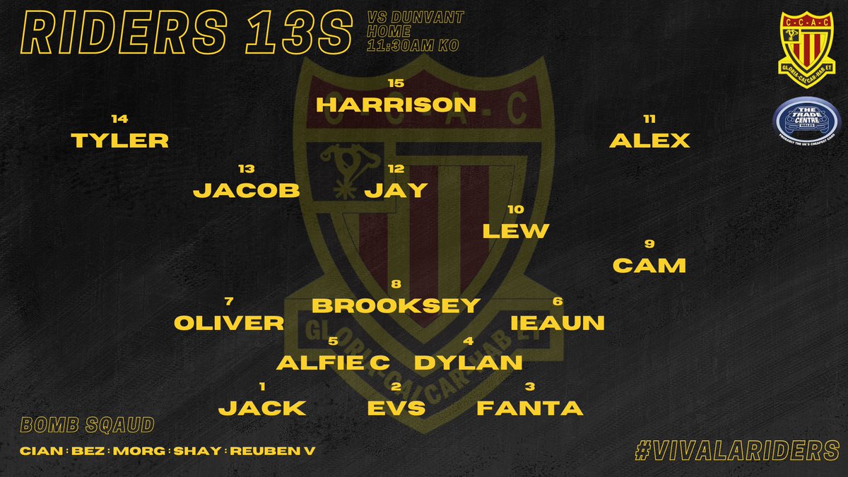 🚨SQUAD ANNOUNCEMENT🚨

Here is the Rider’s U13s squad to take on Dunvant at Cae Gof this weekend. Go well men 🏉🏉🖤💛♥️

#vivalariders