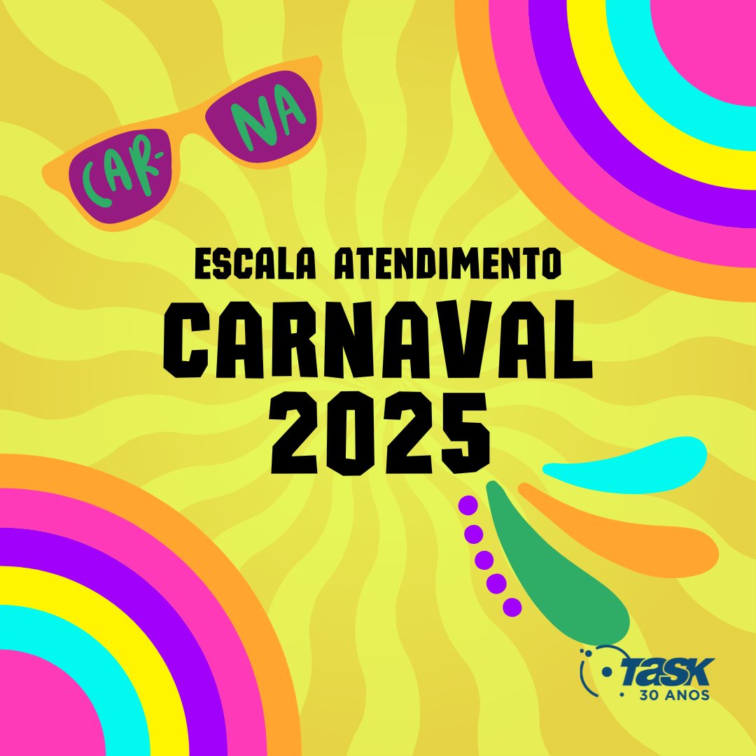 TaskInternet's tweet image. Atendimento da Task no Carnaval:

Comercial / financeiro:
Segunda: 8h às 18h
Terça: Não haverá atendimento
Quarta: 12h às 18h

Suporte técnico:
Segunda: 8h às 18h
Terça: 8h às 17h
Quarta: 8h às 18h

Caso precise, basta entrar em contato pelos canais que já conhece.