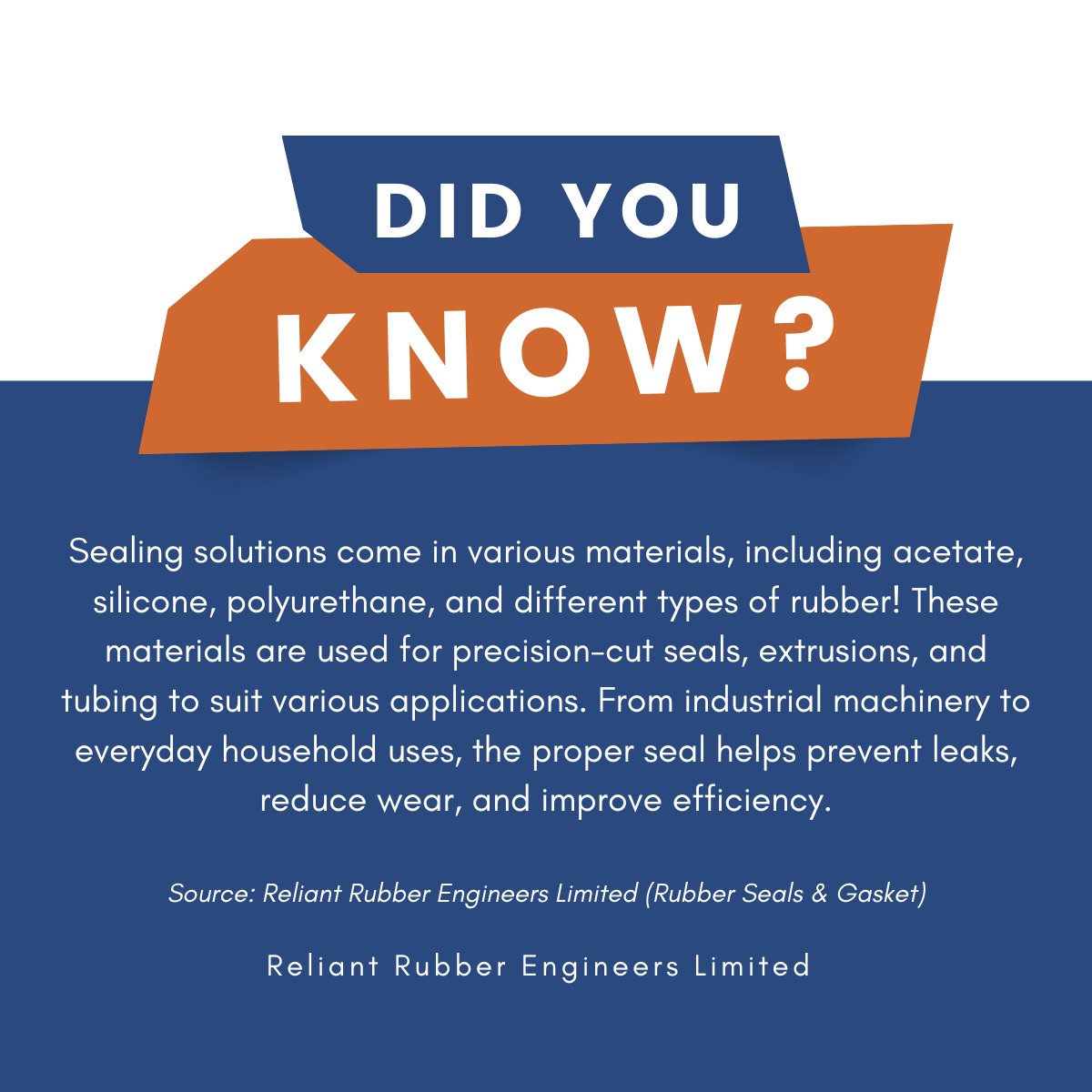 Did you know? 💡

To learn more about our seal and gasket services, click the link below⬇️

reliantrubber.co.uk/rubber-seals-a…

#ReliantRubber #localbusiness #engineeringservices #IndustrialEfficiency #CustomRubberSolution #IndustrialSolutions #batley #SealsAndGaskets