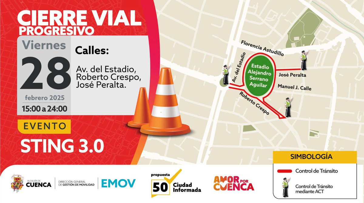 MunicipioCuenca's tweet image. #CierreVial | ¿Listo para vivir la carrera más colorida? 🥳

Durante la #ColorFest 2K, algunas calles permanecerán cerradas para garantizar el bienestar de los participantes.

🚘👉 Toma rutas alternas y sigue las indicaciones de nuestros agentes de tránsito.