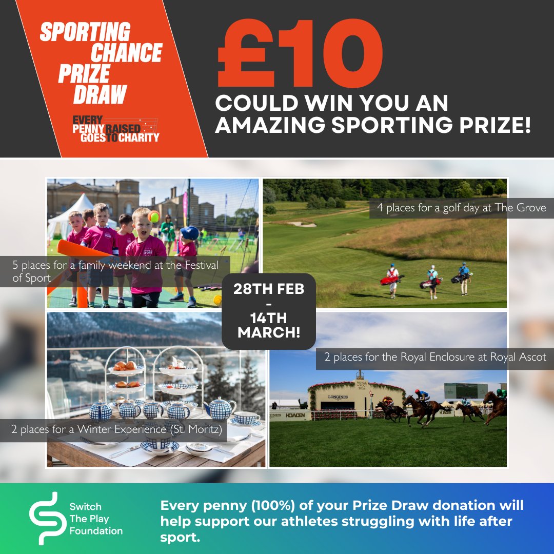 Sporting Chance Prize Draw is now live!

There are some fantastic prizes to be won for as little as £10! Every penny of your Prize Draw donation will help to support our athletes struggling with life after sport.

Click the link below enter!
sportingchanceprizedraw.com/charities/swit…
