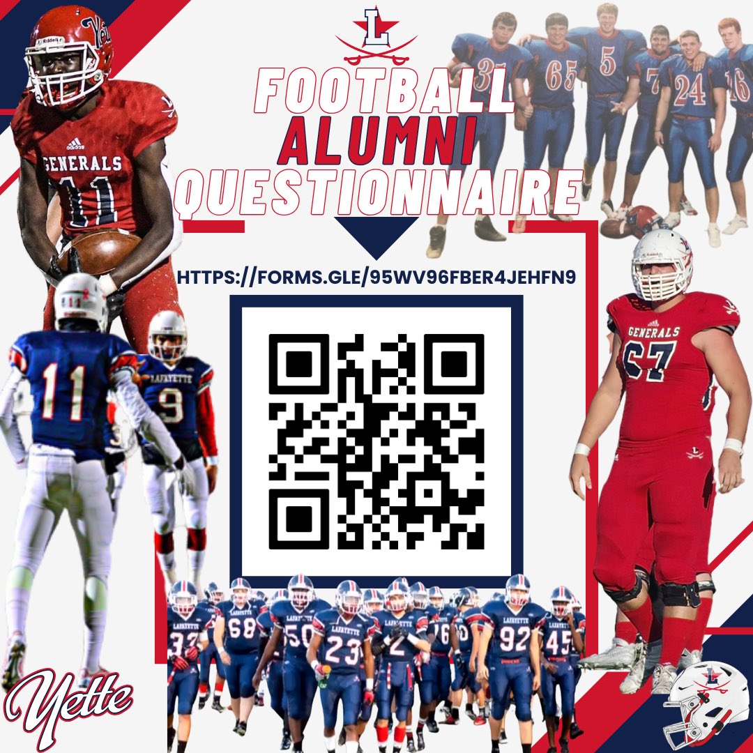 Are you a Lafayette Football Alumni?
Lafayette Football is looking to reconnect with our General alums. The QR code and link attached is a quick questionnaire that will help us gather contact information from all Generals Football Alumni #OnceAGeneralAlwaysAGeneral