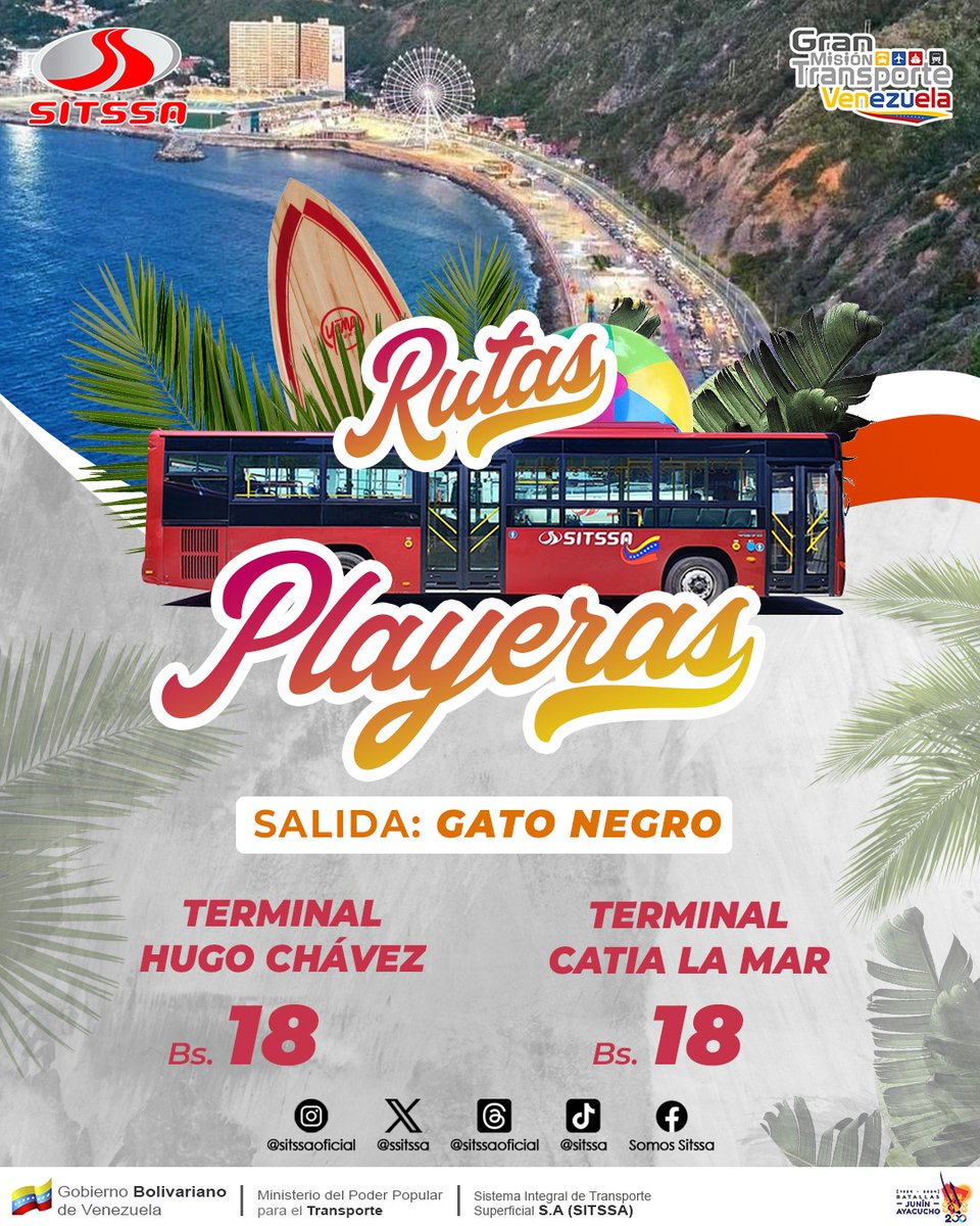 En los Carnavales 2025 la Gran Misión Transporte Venezuela a través del SITSSA, garantiza un servicio óptimo para el traslado de los y las temporadistas que visitarán el hermoso estado La Guaira desde nuestra parada de Gato Negro hasta el Terminal Hugo Chávez y Catia La Mar.