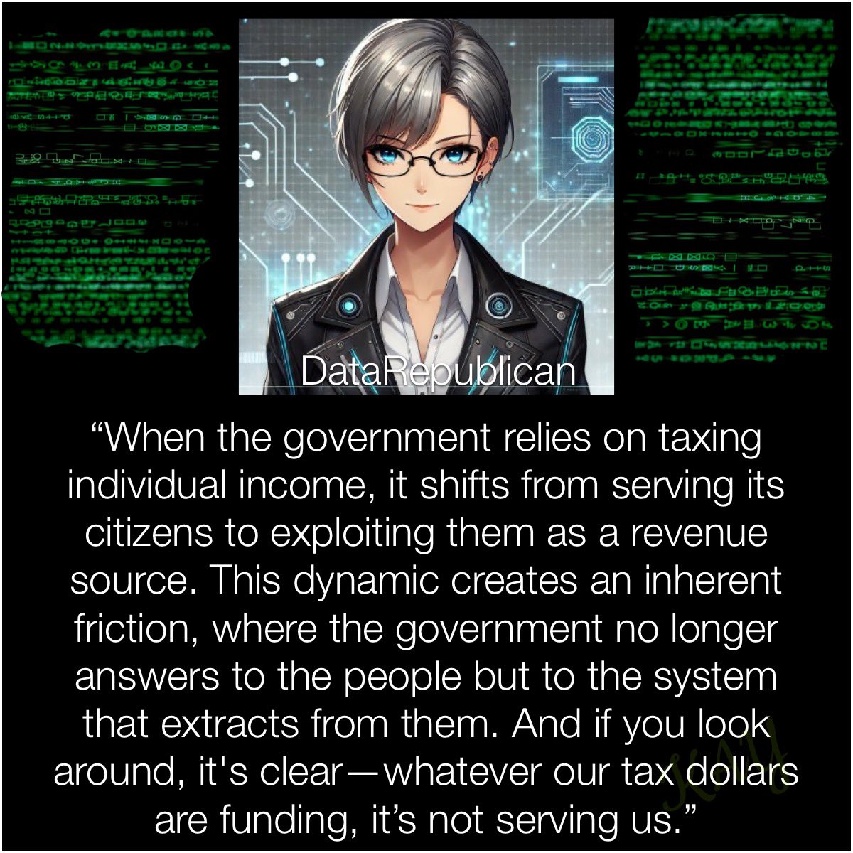 RealKay_2 FREEDOM (@real_k1776) on Twitter photo <a href="/DataRepublican/">DataRepublican (small r)</a> Brilliant summation: <a href="/DataRepublican/">DataRepublican (small r)</a>
“When the government relies on taxing individual income, it shifts from serving its citizens to exploiting them as a revenue source. This dynamic creates an inherent friction, where the government no longer answers to the people but to the <a href="/DataRepublican/">DataRepublican (small r)</a> Brilliant summation: <a href="/DataRepublican/">DataRepublican (small r)</a>
“When the government relies on taxing individual income, it shifts from serving its citizens to exploiting them as a revenue source. This dynamic creates an inherent friction, where the government no longer answers to the people but to the