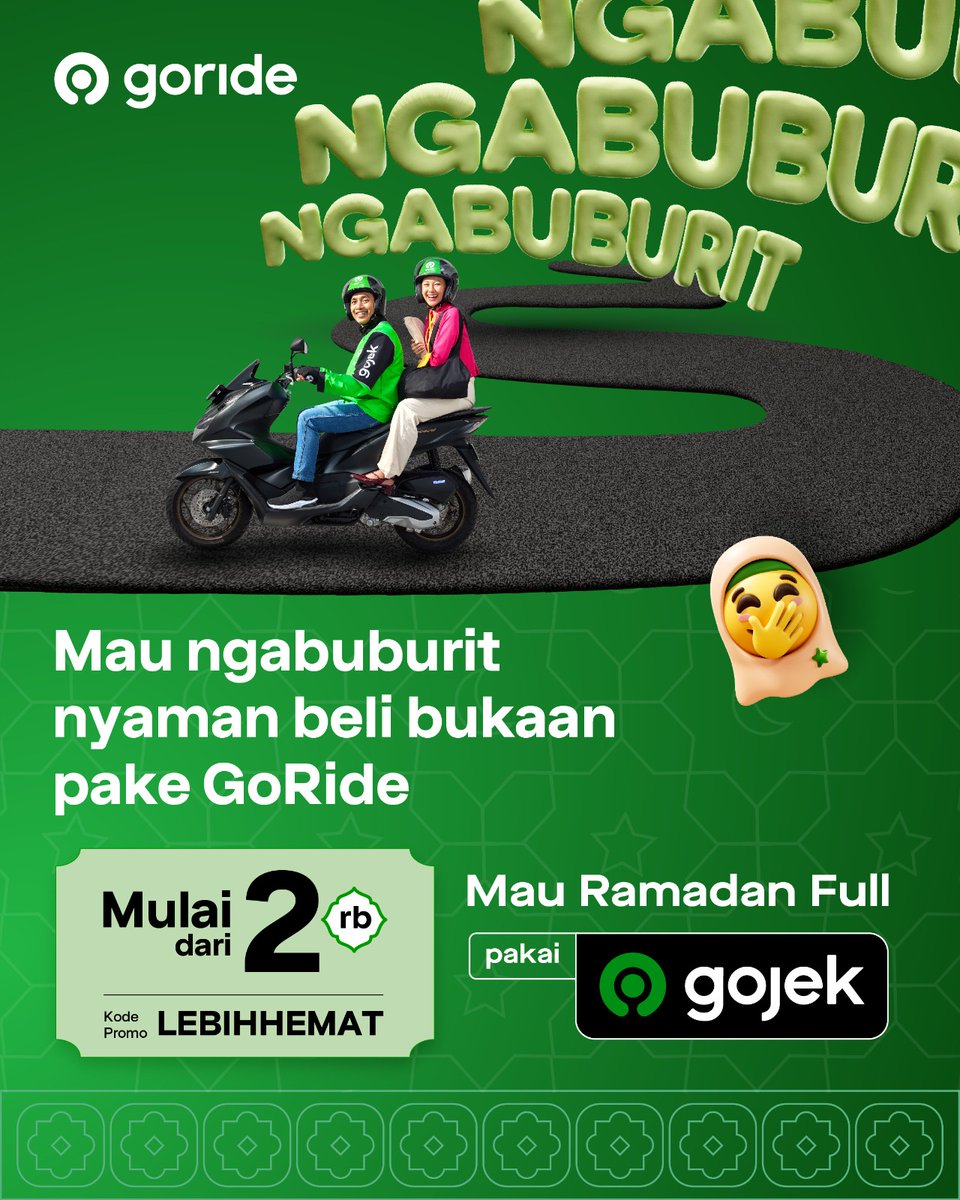 Selamat menjalankan ibadah puasa ygy...

Ak mau share promo gojek selama bulan puasa ini gess, yaitu kode promo LEBIHHEMAT 🥳🙏
Dijamin pake gojek bisa bantu puasa kamu full, perlu satset kemana-mana bisa pake goride mulai dr 2rb doang.
Ngabuburit bareng temen/keluarga bisa bs