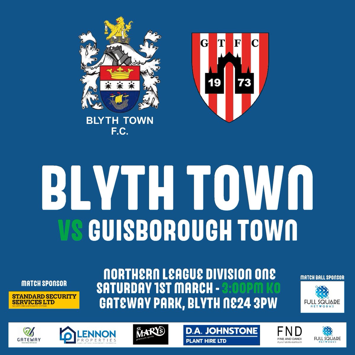 Blyth_TownFC's tweet photo. 𝗧𝗢𝗠𝗢𝗥𝗥𝗢𝗪

❌ No Spartans home game
❌ No Newcastle game

🆚 Guisborough Town
🗓 Saturday 1st March
🕗 3:00pm
🏆 Northern League Division One
🏟 Gateway Park, Blyth NE24 3PW
🎫 £7 | £4

Match sponsor Standard Security
Match ball sponsor Full Square Networks

Please Share https://t.co/SaeJ9L9UyS