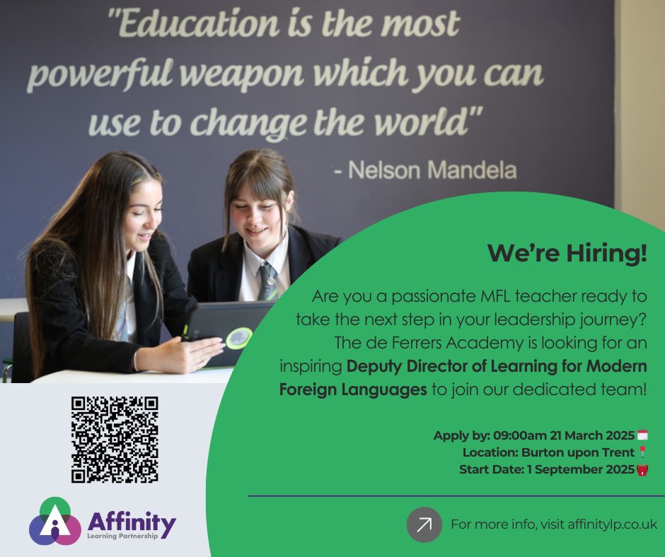 📢 We're Hiring! 📢

Deputy Director of Learning for Modern Foreign Languages 

🌍 Lead and shape MFL education
📚 Drive curriculum excellence and mentor colleagues
💡 Be part of a forward-thinking Multi-Academy Trust

For more information please visit: affinitylp.co.uk/3434/the-de-fe…