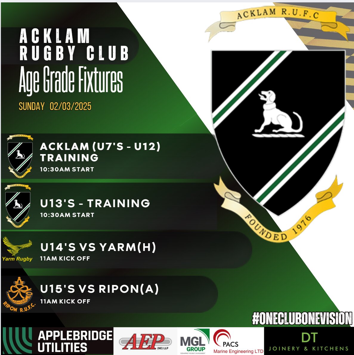 🏉 SUNDAY FIXTURES &amp; TRAINING! 🏉
📅 Sunday, 2nd March 2025

💪 Home Training:
🔹 U7’s - U12’s | 10:30 AM
🔹 U13’s | 10:30 AM

🔥 Matchday Action:
🏠 U14’s vs Yarm (H) | 11:00 AM
🛣️ U15’s vs Ripon (A) | 11:00 AM