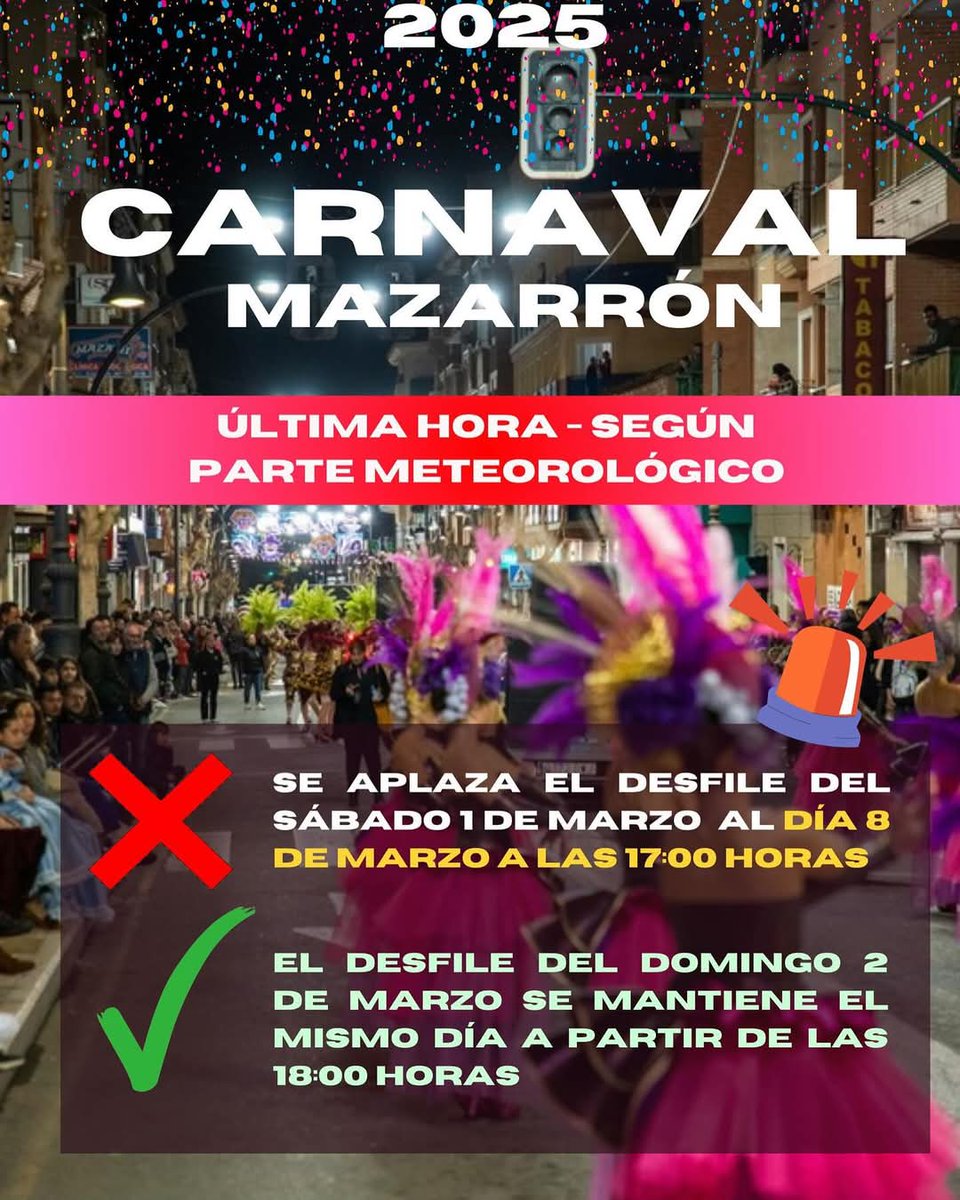 ℹ️Aplazado el desfile de Carnaval de mañana sábado por las previsiones meteorológicas ⛈️