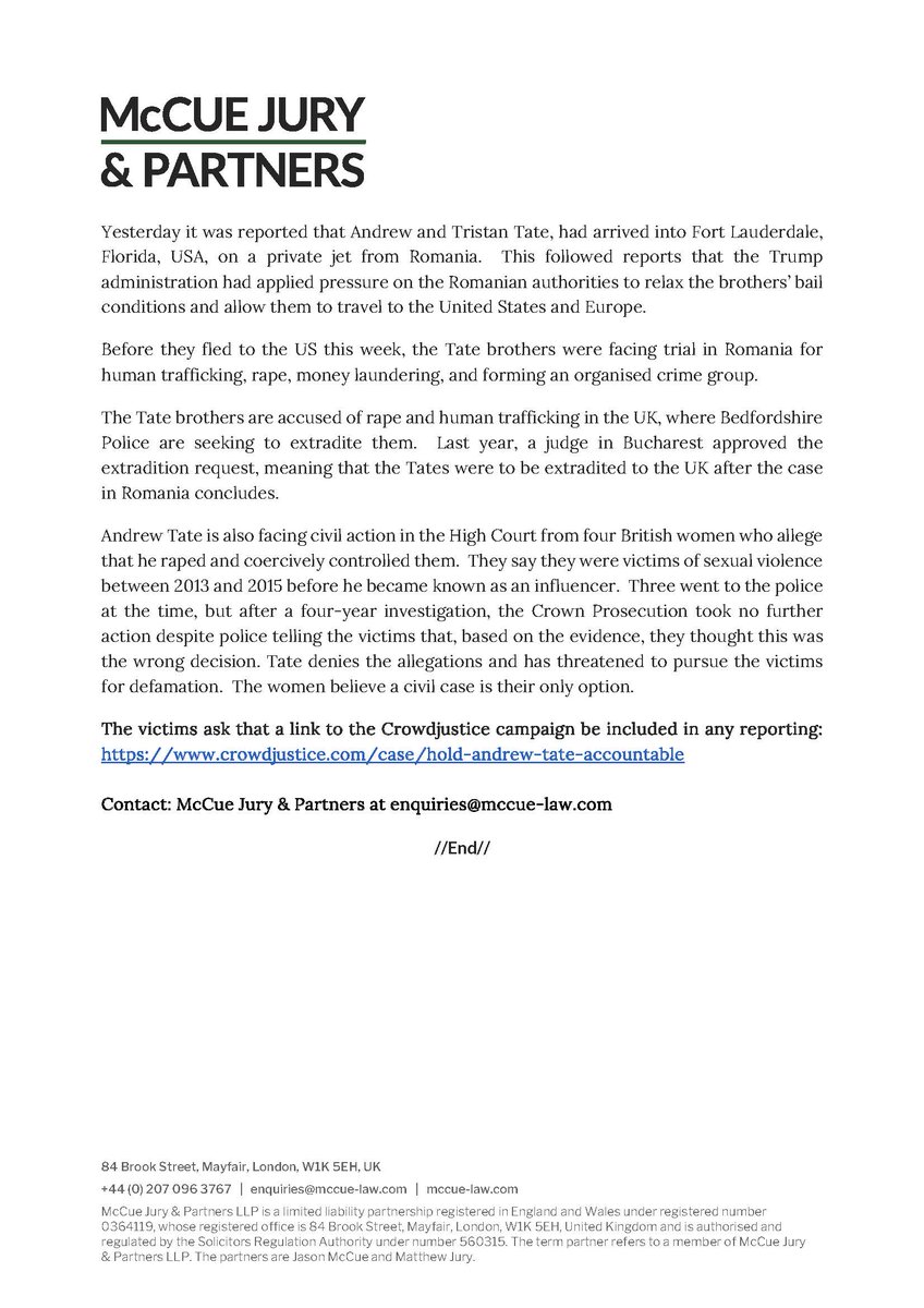 PRESS RELEASE 🚨: UK Government urged to extradite Andrew Tate from US to face justice in UK now