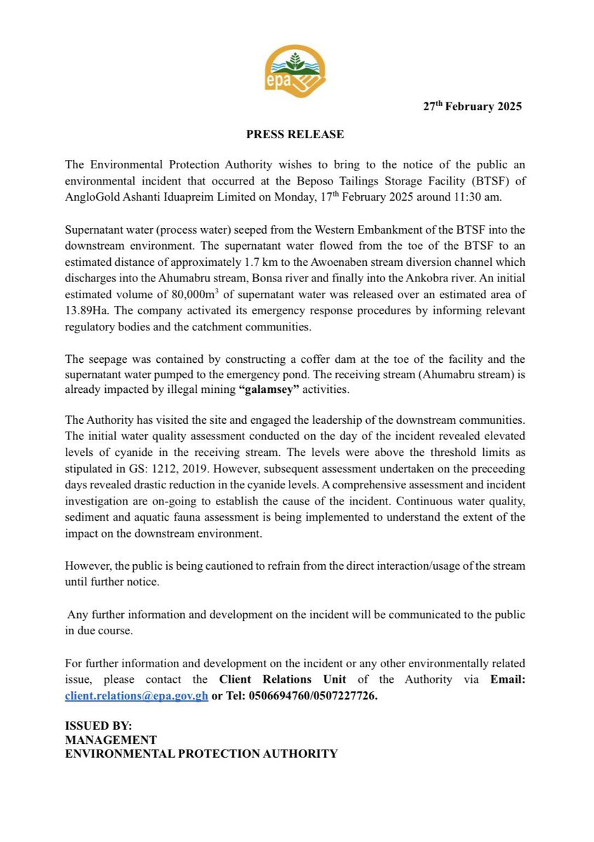 amabrowneklutse's tweet image. EPA investigates environmental incident at the Beposo Tailings Storage Facility of AngloGold Ashanti. Elevated cyanide levels detected, but assessments show reduction. Public advised to avoid stream use. #EnvironmentalSafety #WaterProtection