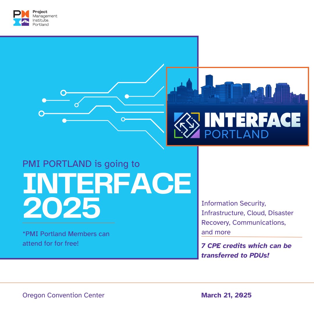 PMIPortland's tweet image. Join PMI Portland and Interface Portland for a free IT event! Expert insights, networking, and more. Register: ow.ly/QBXN50UYaz6 #PMIPortland #InterfacePortland #ITConference
