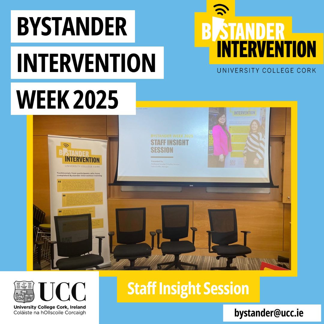 Finishing off Bystander Week on a high note w/our Staff Insight Session today. Thank you to our staff panel: 
Dr Eric Moore, Clodagh O’Sullivan, Barbara Diener, Re O’Cinneide, Anne King with Bystander Programme manager, Celine Griffin &amp; Director, Professor Louise Crowley.