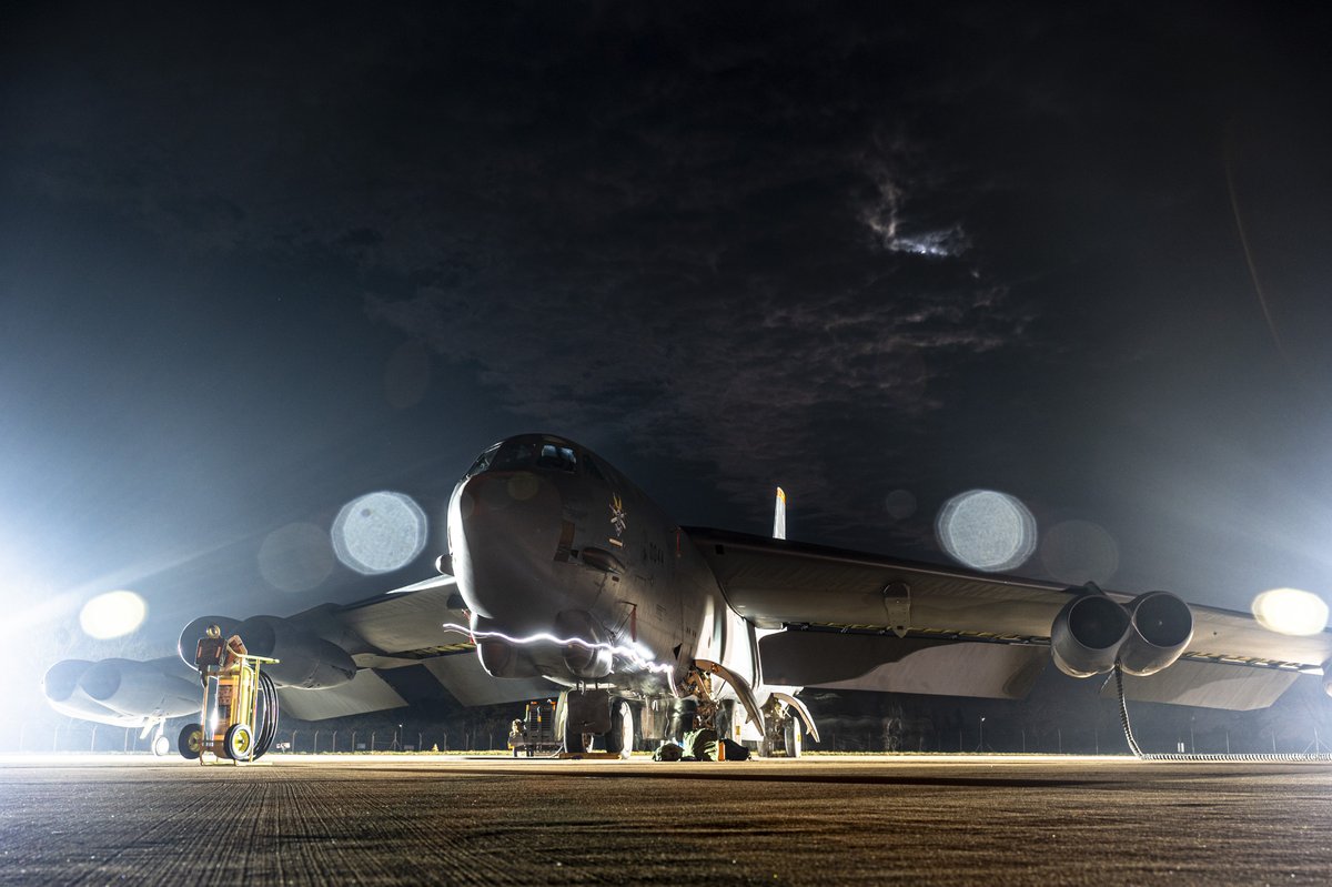 US_EUCOM's tweet image. Pre-flight crews ready a B-52H for its first Bomber Task Force 25-2 mission at RAF Fairford, ensuring readiness and global strike capability, Feb. 18, 2025. #WeAreNato #BTF25 #agileforces #readyandposturedforces