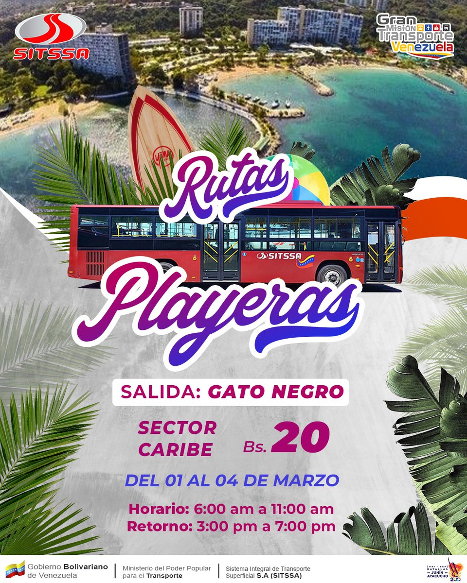 En los Carnavales 2025 la Gran Misión Transporte Venezuela a través del SITSSA, pone a disposición la Ruta Playera hasta el sector Caribe del estado La Guaira desde nuestra parada en Gato Negro.

Horario: de 6am a 11am
Retorno: de 3pm a 7pm