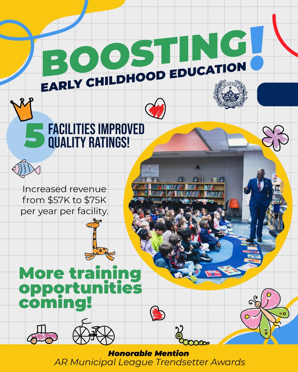 The City of Little Rock is making strides in early childhood education. In 2024, five providers improved quality ratings, increasing revenue from $57K to $75K per year. This success earned the city an Honorable Mention in the Trendsetter Awards.

#LRProgress #LittleRock
