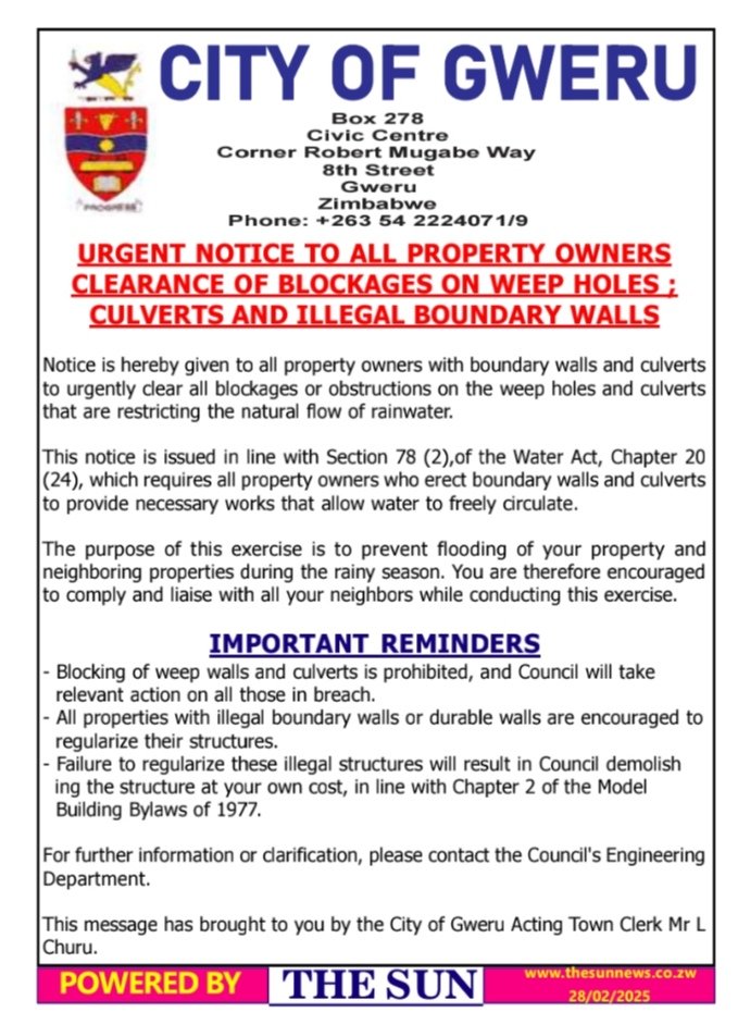 URGENT NOTICE TO ALL PROPERTY OWNERS <a href="/GweruCityParkng/">Gweru City Parking</a> <a href="/citispace_zw/">Citispace Gweru</a> <a href="/GweruCityPR/">CityOfGweru</a> <a href="/GweruC/">Gweru City Council</a> <a href="/GRRA054/">GRRA</a> <a href="/GweruResidents/">Gweru Residents</a> <a href="/984Midlands/">98.4 Midlands FM</a> <a href="/MidlandsState/">Midlands State University</a> <a href="/midlands/">Andrew Geweke</a> <a href="/wmponda1/">willie</a> <a href="/myzimbabwenews/">My Zimbabwe News</a>