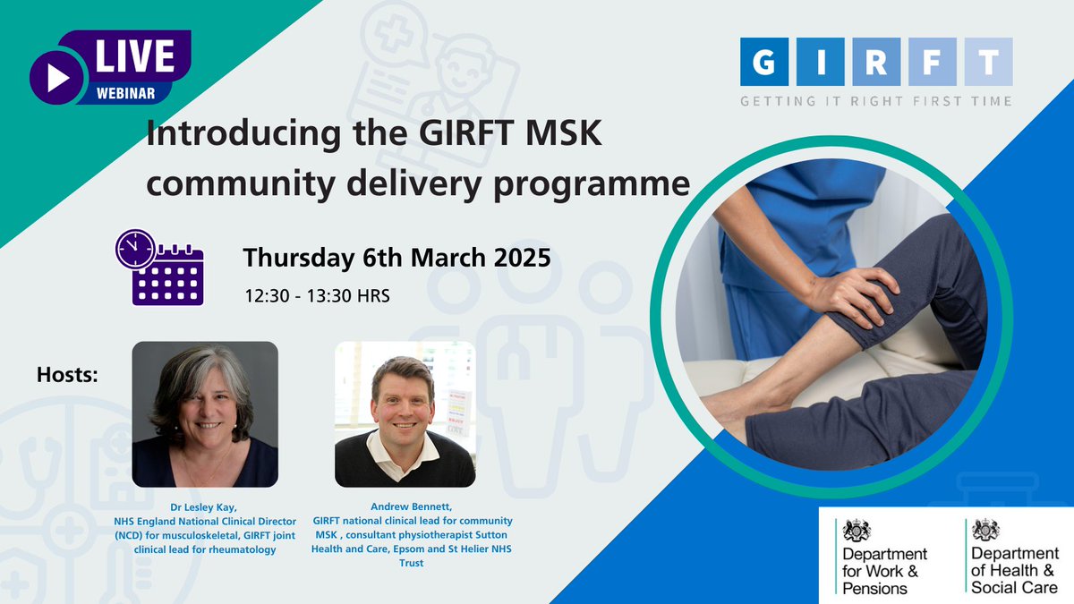 Getting It Right First Time (GIRFT) (@nhsgirft) on Twitter photo ❓How can you reduce waiting times for community MSK appointments❓
Join our webinar to hear how the GIRFT community #MSK programme can support your work.
📅6/3 - 12.30
Register 🔗 bit.ly/4hMC6E4
<a href="/WeAreARMA/">ARMA</a> <a href="/APPN_physio/">Advanced Practice Physiotherapy Network</a> <a href="/andypbennett79/">Andrew Bennett</a> <a href="/GenQ5Lesley/">Lesley Kay also on bluesky 💙</a>
#AHPs #NHS ❓How can you reduce waiting times for community MSK appointments❓
Join our webinar to hear how the GIRFT community #MSK programme can support your work.
📅6/3 - 12.30
Register 🔗 bit.ly/4hMC6E4
<a href="/WeAreARMA/">ARMA</a> <a href="/APPN_physio/">Advanced Practice Physiotherapy Network</a> <a href="/andypbennett79/">Andrew Bennett</a> <a href="/GenQ5Lesley/">Lesley Kay also on bluesky 💙</a>
#AHPs #NHS