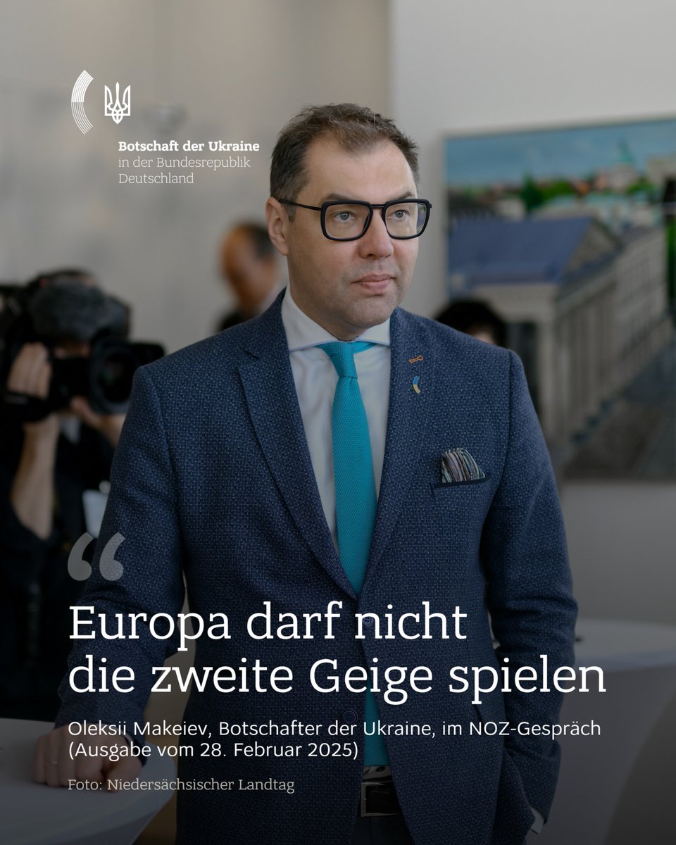 UKRinDEU's tweet photo. Europa ist ein Symphonieorchester mit vielen Stimmen. Bevor die "Ode an die Freude" erklingt, muss ein kämpferisches Scherzo gespielt werden.  

Dazu braucht es ein selbstbewusstes und geeintes Europa. Botschafter @Makeiev sprach darüber mit @JonasKoch10: https://t.co/riIBuQZGsY https://t.co/ViPst17nSy