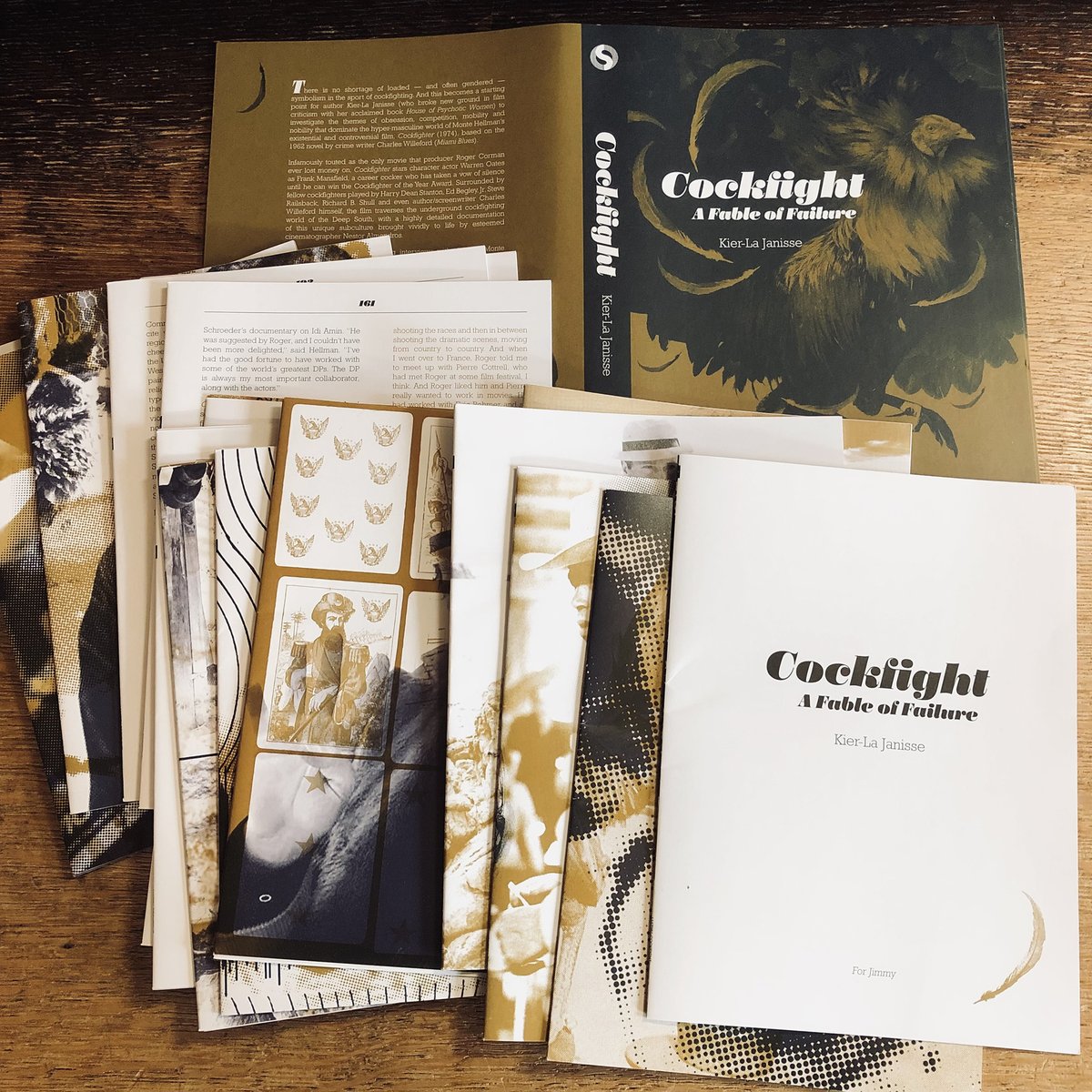 COCKFIGHT running sheets are here! Binding soon and shipping April, "Cockfight: A Fable of Failure" is new from Kier-La Janisse, acclaimed author of HOUSE OF PSYCHOTIC WOMEN. Signature plates, bookmarks &amp; Cockfighter of the Year medals still available! fabpress.com/cockfight.html