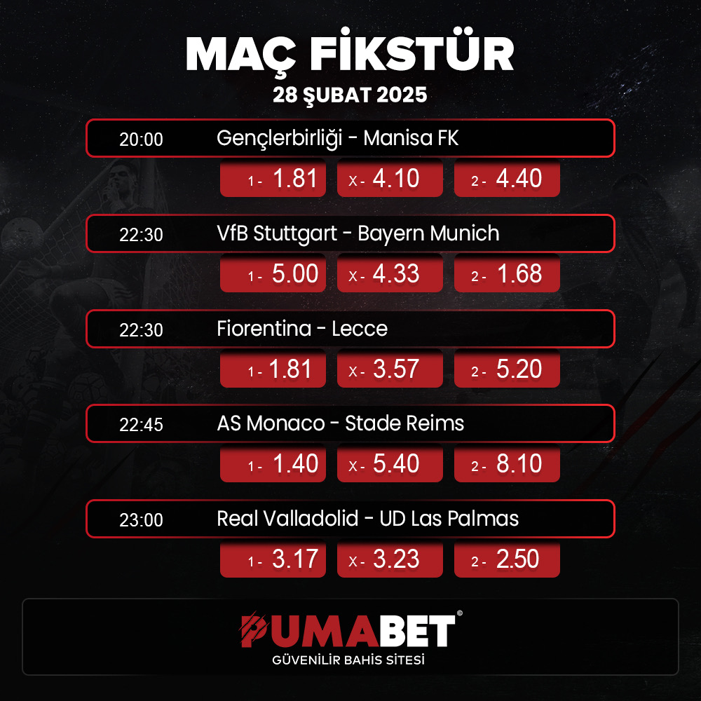 GÜNÜN MAÇLARINI KAÇIRMAYIN!

⚽️Gençlerbirliği - Manisa⚽️
⚽️Stuttgart - Bayern Münih⚽️
⚽️Fiorentina - Lecce⚽️
⚽️Monaco - Reims⚽️
⚽️Real Valladolid - Las Palmas⚽️