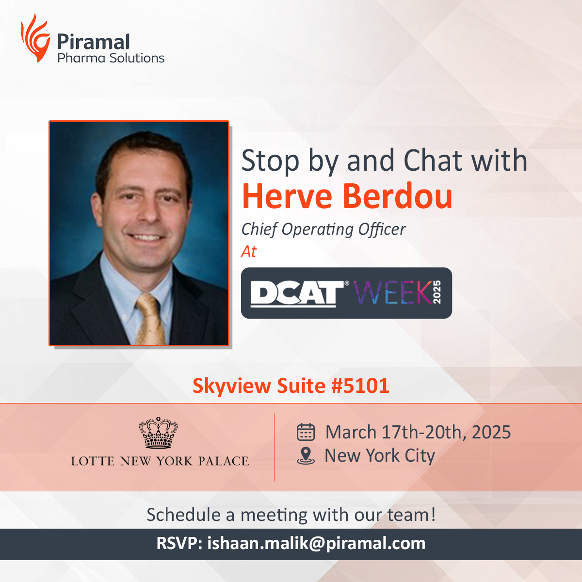 PiramalPharma's tweet image. Meet Herve Berdou, COO at Piramal Pharma Solutions and dive into conversations about industry advancements shaping the future, end-to-end CDMO solutions tailored to your needs and new opportunities for strategic partnerships

#PiramalPharmaSolutions #Pharma #DCATWeek