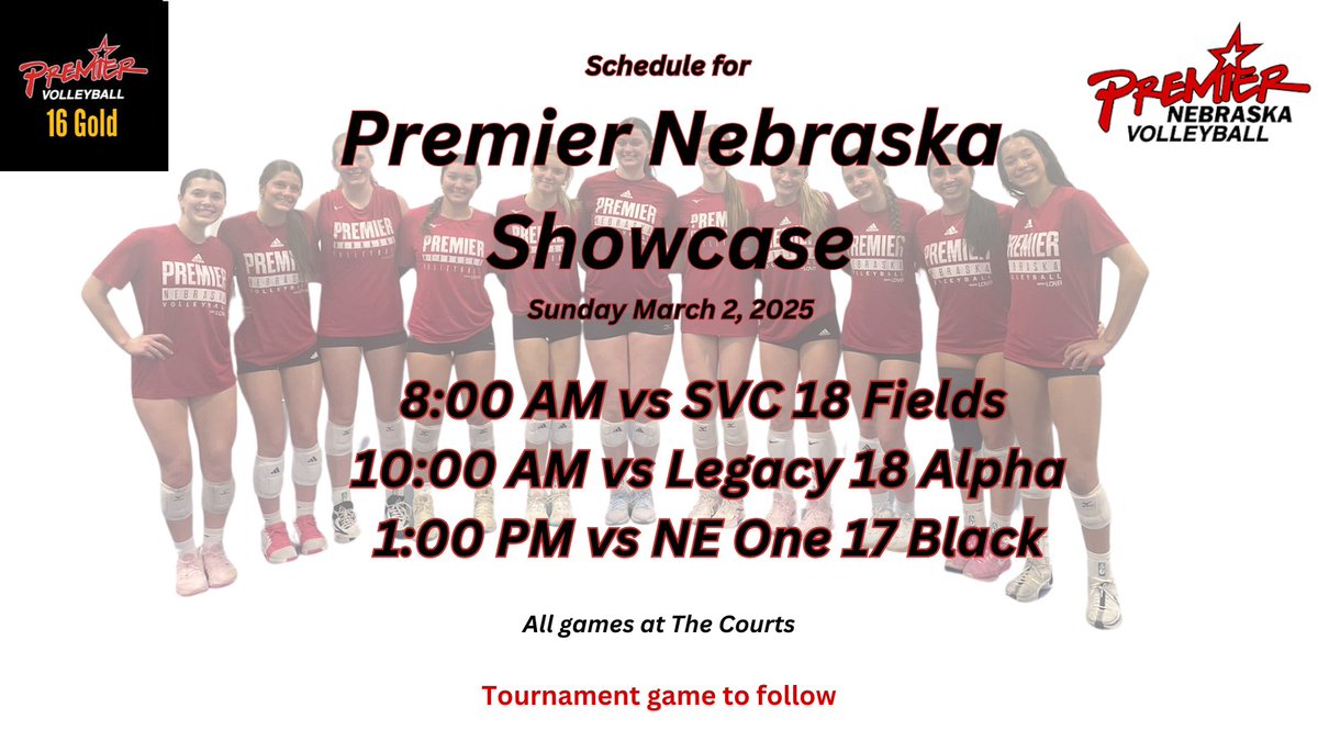 Premier 16 Gold (@premier16_g) on Twitter photo Schedule for Sundays Premier Showcase!
<a href="/Premier_VB/">Premier Nebraska VB</a> #PremierProud #BetterTogether #GetIt Schedule for Sundays Premier Showcase!
<a href="/Premier_VB/">Premier Nebraska VB</a> #PremierProud #BetterTogether #GetIt