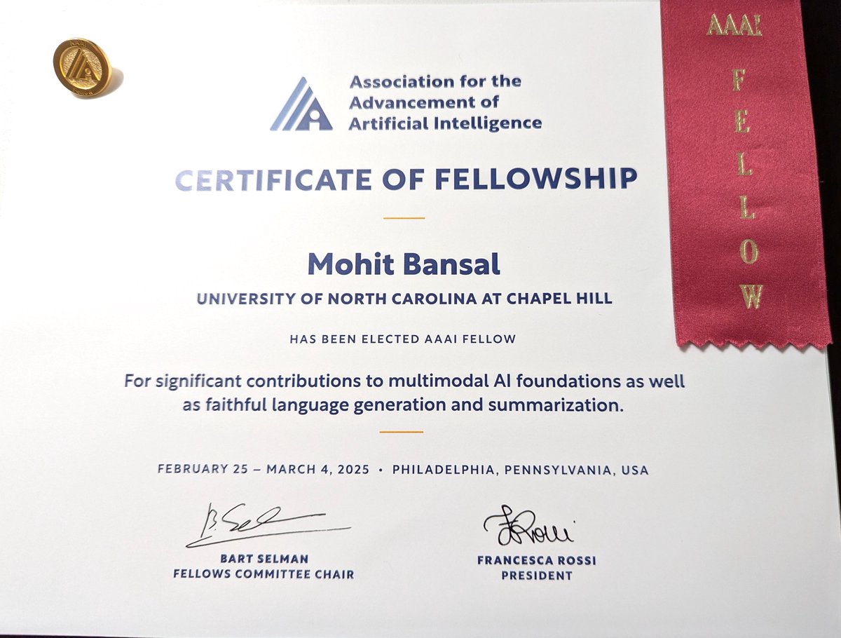 mohitban47's tweet image. Thank you @RealAAAI for the honor & the fun ceremonies -- humbled to be inducted as a AAAI Fellow in esteemed company 🙏
PS. I am still around today in Philadelphia if anyone wants to meet up at #AAAI2025 :-)
Thanks once again to everyone (students+postdocs+collaborators,…