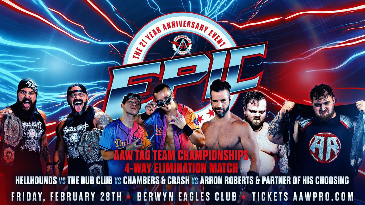 AAWPro's tweet photo. ‼️ TONIGHT ‼️
EPIC: The 21 Year Anniversary Event
7:30pm
Berwyn Eagles Club
Berwyn, IL
Reserved seats are almost gone!
Tickets at https://t.co/Sm2B7ln9O2
@renjoneszn v @TrevorLeePro
@justmaggielee v @TheTootieLynn
@JoeAlonzoJr v @Egos1313
@NewAgeRampage #SCHAFF v @KJReynoldspro @Ryan_Matthias02 v @realdamchambers @thecrashjaxon v @Aaron_Roberts01 and a partner of his choosing
@REALSierra_ @JoeyJetAvalon v @SPTFREVega @Shazza_McKenzie
@Tharealquintero v @AcePerryIndy
@mhartenbower @RealMikeBennett v @BrussHamiltonGB @sabotagesean
@H_isaiahmoore_H v @lastrealmanROH
Plus:
@BEEFTCB
@StallionRogers
@zeekybaby
@SolomonTupu
and more!
