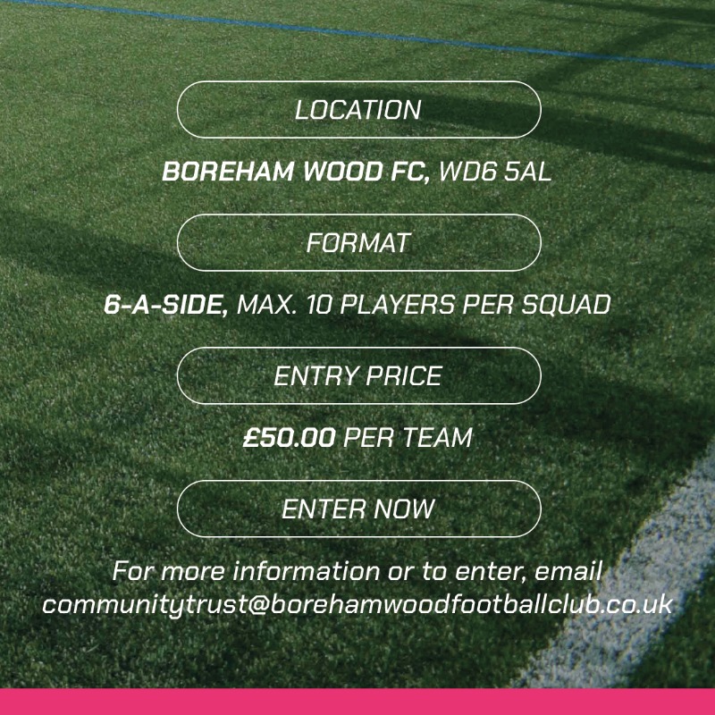 BOREHAM_WOODFC's tweet photo. Grassroots football returns to Meadow Park this June! Enter a team into our summer youth tournament today ⚽️

#WeAreTheWood | @TheNLTrust