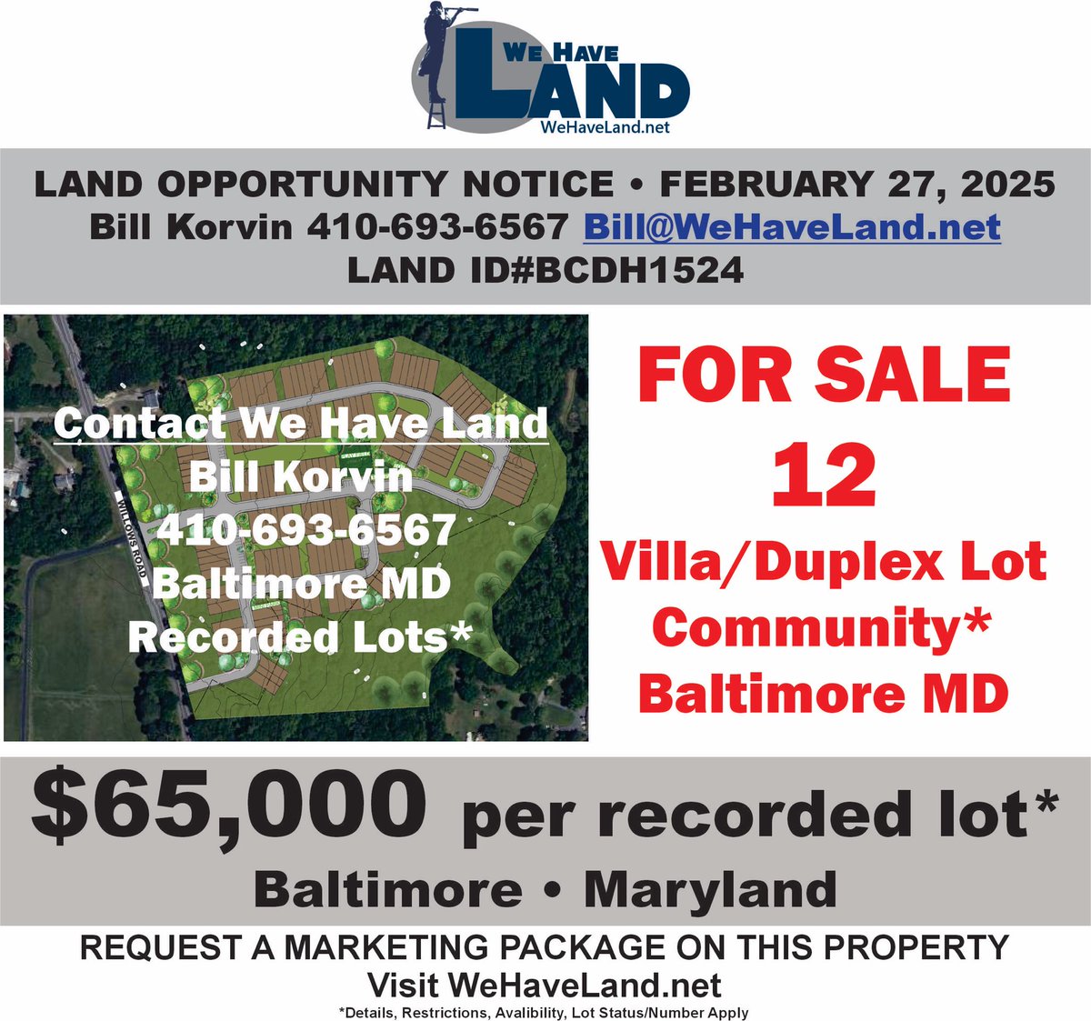 Land Opportunity For Sale • 12 villa/duplex recorded lots available in Baltimore Maryland. Contact us or visit WeHaveLand.net