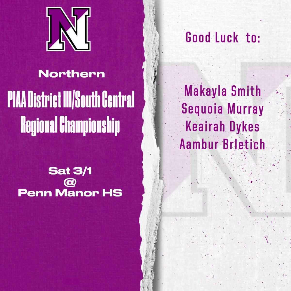 Good Luck to Makayla Smith, Sequoia Murray
Keairah Dykes, and Aambur Brletich who will compete tomorrow at the South Central Regional Championship looking to punch their ticket to the PIAA State Girls Wrestling Championship!