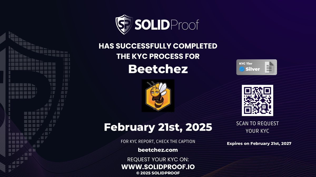 We have finished the KYC process for <a href="/beetchCoin/">Beetchez</a>🛡️
Well deserved KYC Silver Tier!

Check the security score here:
app.solidproof.io/projects/beetc…

Need a Smart contract audit, KYC or development support? Send us a message, our sales team will gladly make a customized offer for you!