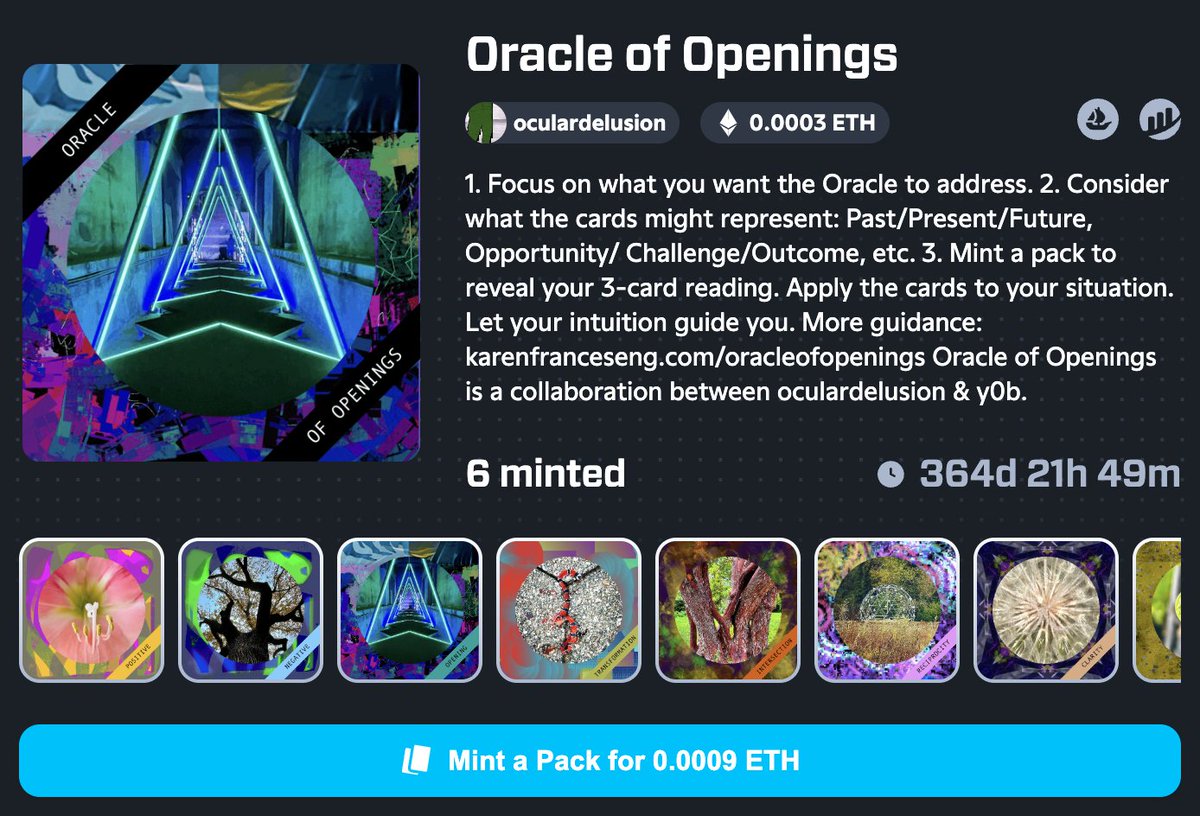 lenara's tweet photo. 🔮Mint a 3-card reading to receive guidance from the Oracle of Openings. 

An artistic &amp; oracular collab with @oculardelusion. Cards are randomly minted via @prtyDAO as Base NFTs. Get yours here:

https://t.co/KKCILxiDAO https://t.co/vGGvlUNax2