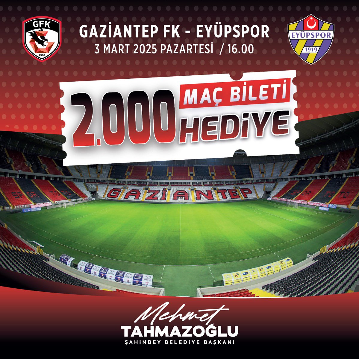 Genç taraftarlarımıza müjde!📣

Şehrimizin marka değeri olan takımımızı desteklemek isteyen gençlerimize maç bileti hediye ediyoruz.

Ödülü kazanmak için yapmanız gerekenler;

📱<a href="/sahinbeybel/">Şahinbey Belediyesi</a> ve <a href="/mtahmazoglu/">Mehmet Tahmazoğlu 🇹🇷</a> hesaplarını takip et
✅Gönderiyi beğen ve RT yap
🔁Bir arkadaşını