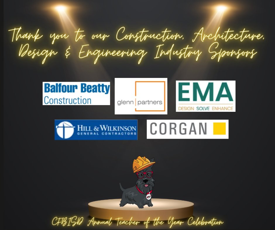 CFBEducationalFoundation (@cfbisdef) on Twitter photo We appreciate the support of our Construction, Architecture, Design and Engineering Industry sponsors!  Learn more about sponsorships: cfbisd.edu/community/educ…
<a href="/balfourbeatty/">Balfour Beatty</a> <a href="/CorganInc/">Corgan</a>  
Glenn Partners
Hill & Wilkinson General Contractors
EMA Engineering & Consulting We appreciate the support of our Construction, Architecture, Design and Engineering Industry sponsors!  Learn more about sponsorships: cfbisd.edu/community/educ…
<a href="/balfourbeatty/">Balfour Beatty</a> <a href="/CorganInc/">Corgan</a>  
Glenn Partners
Hill & Wilkinson General Contractors
EMA Engineering & Consulting