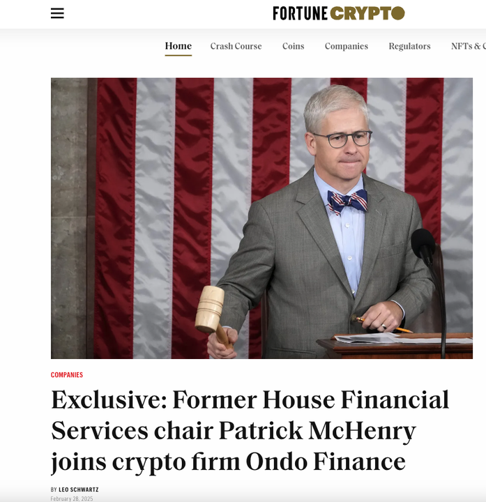 ben_grossman's tweet photo. Thrilled to welcome Chairman Patrick McHenry to the Ondo team!

"McHenry says his work will be “making sure that Ondo is heard by the right people in Washington” and “helping shepherd them to new relationships.” https://t.co/tXPQ03pFDj