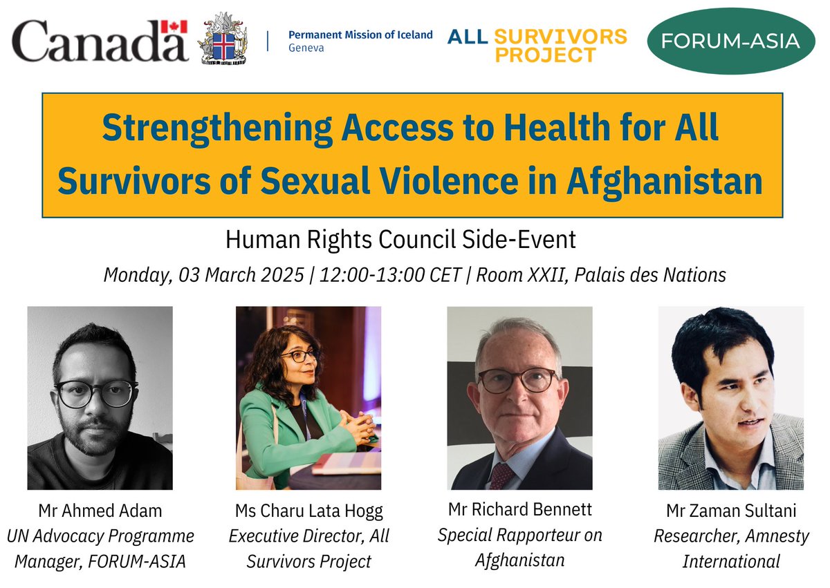 Join our #HumanRightsCouncil58 side event on Strengthening Access to Health for All Survivors of Sexual Violence in Afghanistan🌟

📅03 Feb 2025
🕐12:00-13:00 CET
📍Palais des Nations