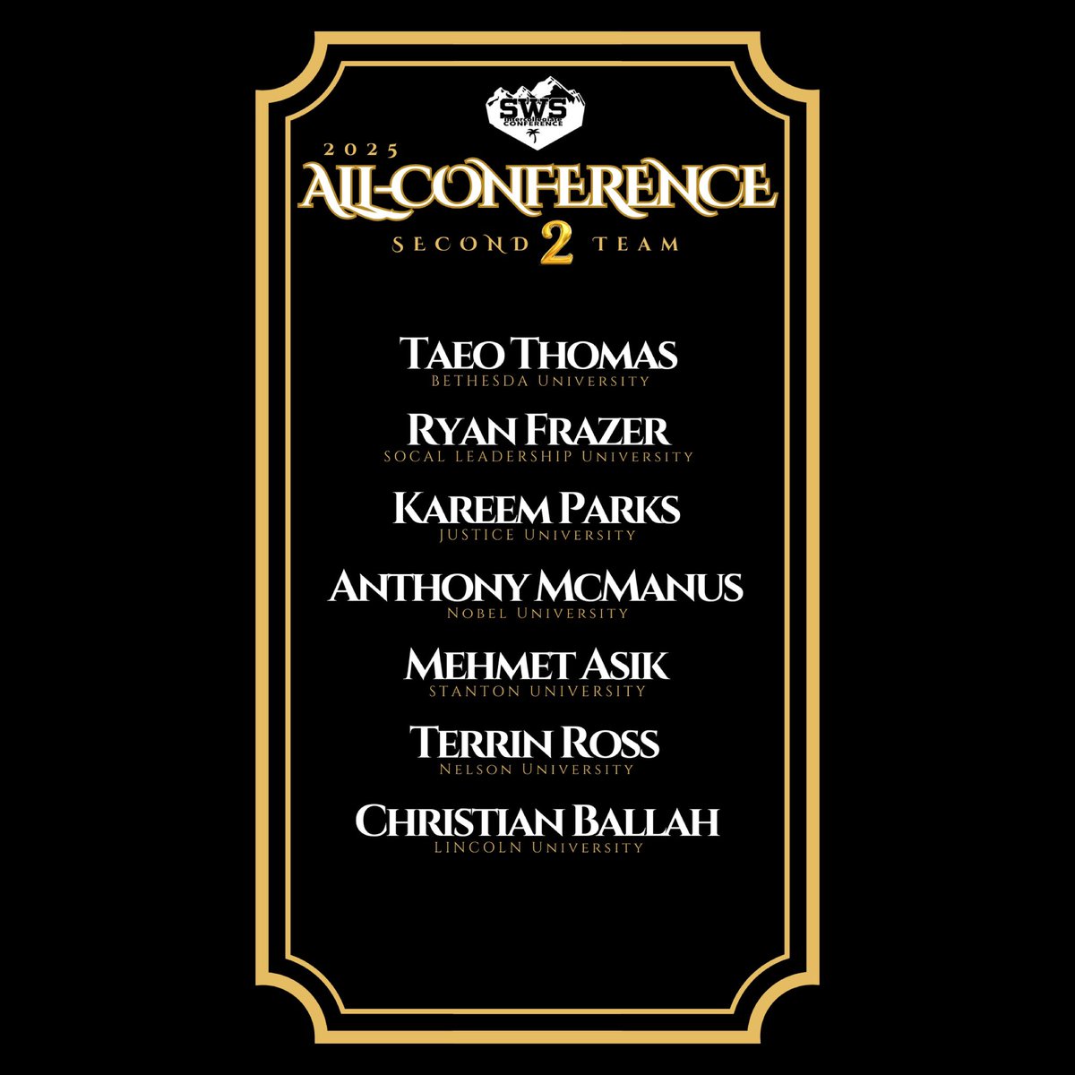 Congrats to our 2025 SWS All-Conference Selections: Laolu Kalejaiye (1st Team), Christian Ballah (2nd Team) and Samuel Maher (Honorable Mention)