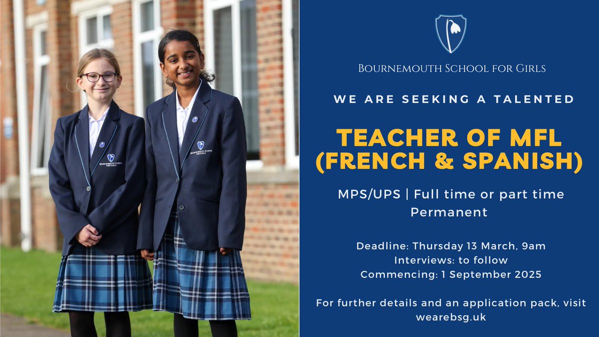 Michael Whiteside (@mwhiteside89) on Twitter photo We have several opportunities to join our wonderful school <a href="/BSGupdate/">Bournemouth School for Girls</a>
Full details on our vacancies page: wearebsg.uk/school-informa…
Please share and spread the word! We have several opportunities to join our wonderful school <a href="/BSGupdate/">Bournemouth School for Girls</a>
Full details on our vacancies page: wearebsg.uk/school-informa…
Please share and spread the word!