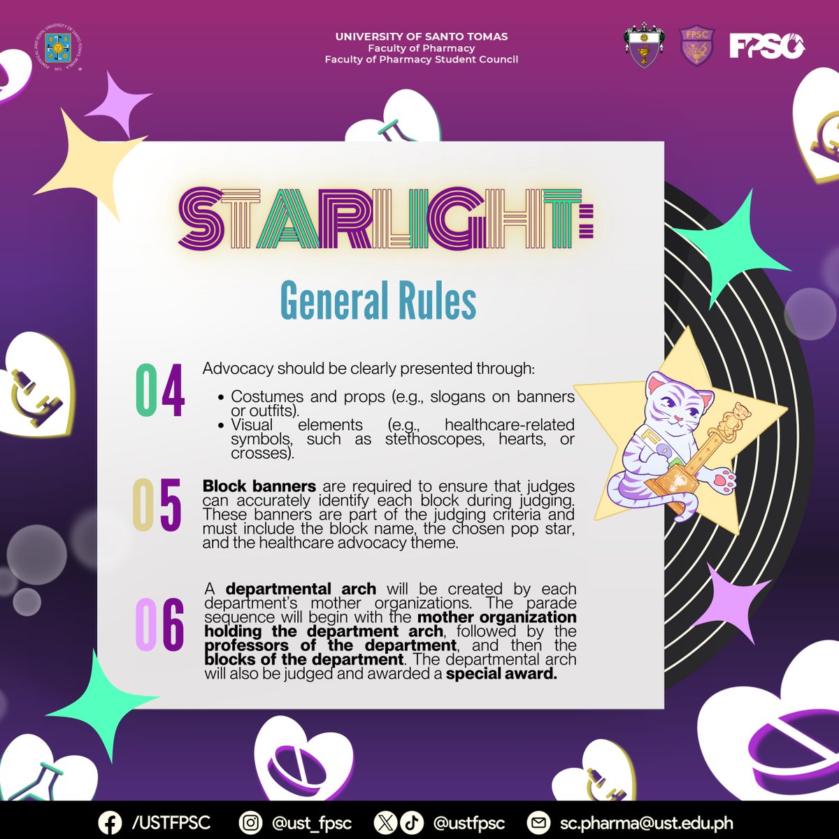 ustfpsc's tweet photo. Before we shine through the campus, check the parade guidelines for 𝐒𝐓𝐀𝐑𝐋𝐈𝐆𝐇𝐓: 𝐓𝐡𝐞 𝐅𝐚𝐜𝐮𝐥𝐭𝐲 𝐨𝐟 𝐏𝐡𝐚𝐫𝐦𝐚𝐜𝐲 𝐖𝐞𝐞𝐤 𝟐𝟎𝟐𝟓 𝐎𝐩𝐞𝐧𝐢𝐧𝐠 𝐂𝐞𝐫𝐞𝐦𝐨𝐧𝐲! ✨

#Starlight2025💫
#Pharmanomenon🪩
#FPSCAheadAllOdds⭐
#nowaybutup💜 https://t.co/Kay61uUgel