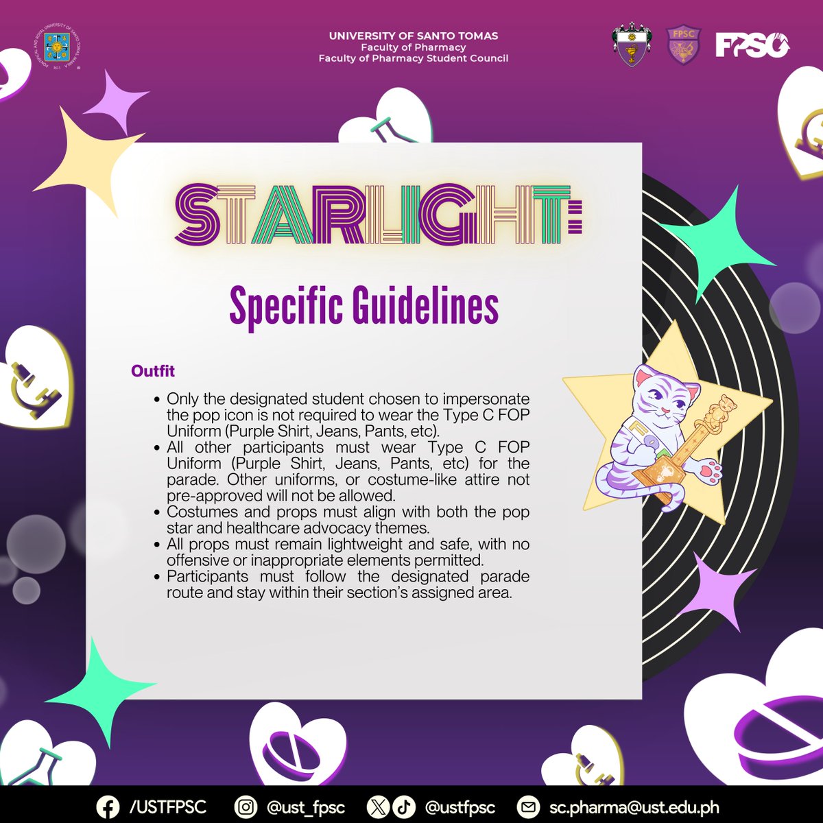 ustfpsc's tweet photo. Before we shine through the campus, check the parade guidelines for 𝐒𝐓𝐀𝐑𝐋𝐈𝐆𝐇𝐓: 𝐓𝐡𝐞 𝐅𝐚𝐜𝐮𝐥𝐭𝐲 𝐨𝐟 𝐏𝐡𝐚𝐫𝐦𝐚𝐜𝐲 𝐖𝐞𝐞𝐤 𝟐𝟎𝟐𝟓 𝐎𝐩𝐞𝐧𝐢𝐧𝐠 𝐂𝐞𝐫𝐞𝐦𝐨𝐧𝐲! ✨

#Starlight2025💫
#Pharmanomenon🪩
#FPSCAheadAllOdds⭐
#nowaybutup💜 https://t.co/Kay61uUgel