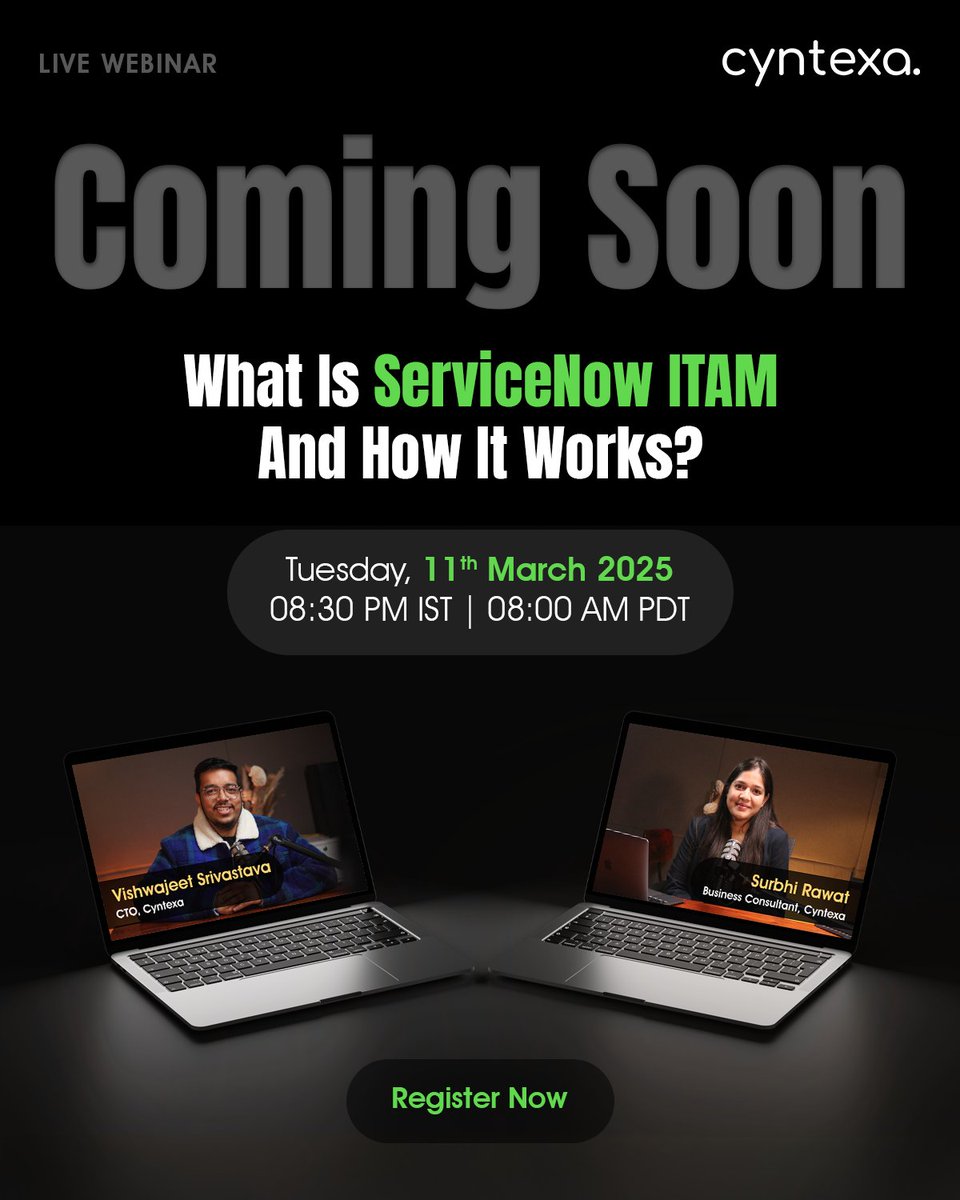 Discover the power of ServiceNow ITAM! Join our exclusive webinar with experts Surbhi Rawat &amp; Vishwajeet Srivastava as they reveal how to track, manage, &amp; optimize your IT assets effortlessly.

Don’t miss out; reserve your spot now: cyntexa.com/webinar/optimi…

#ServiceNowITAM